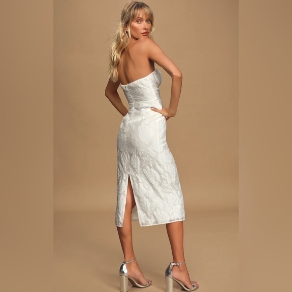LULU’S From this Day White Floral Jacquard Strapless Midi Dress NWT SOLDOUT - Picture 3 of 7